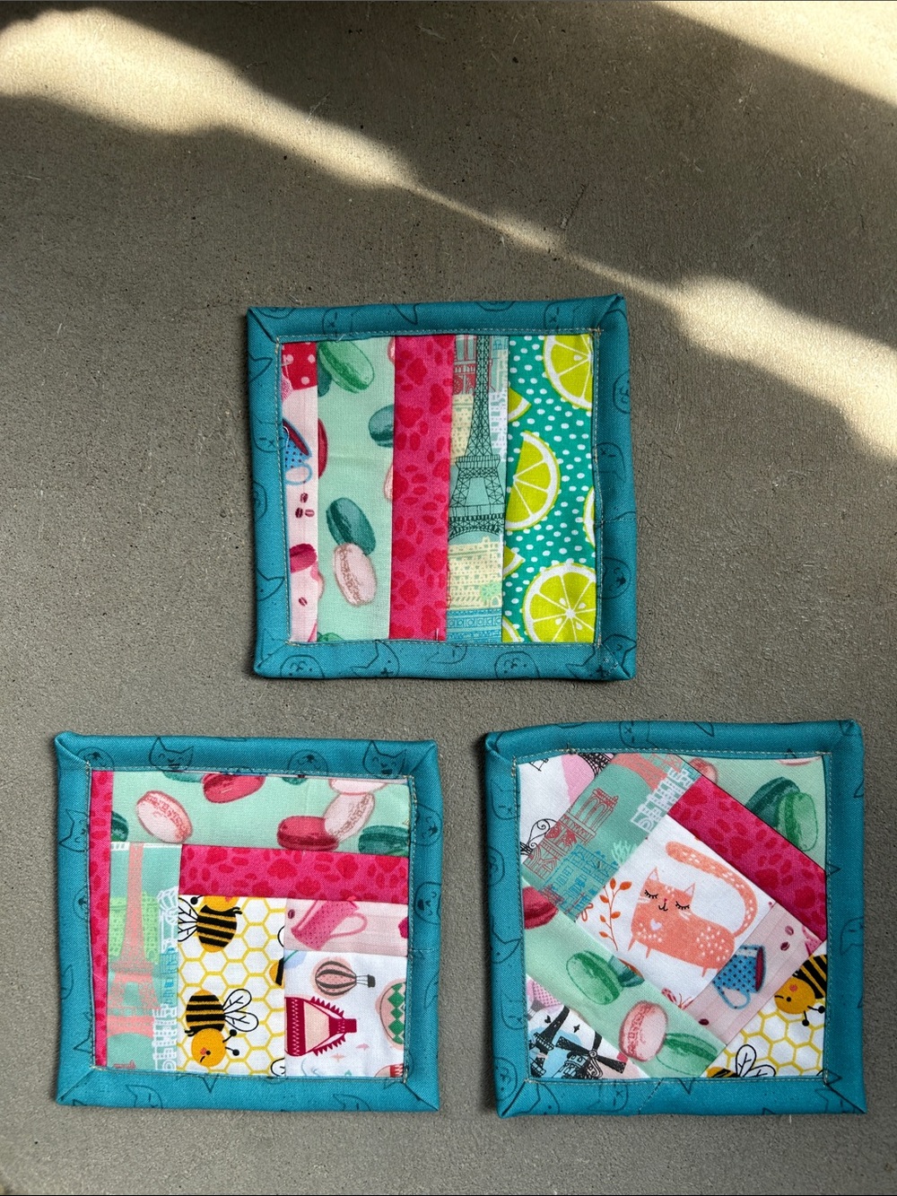 Handmade Patchwork Fabric Coasters - Teal Trim, Lime & Macaron Prints